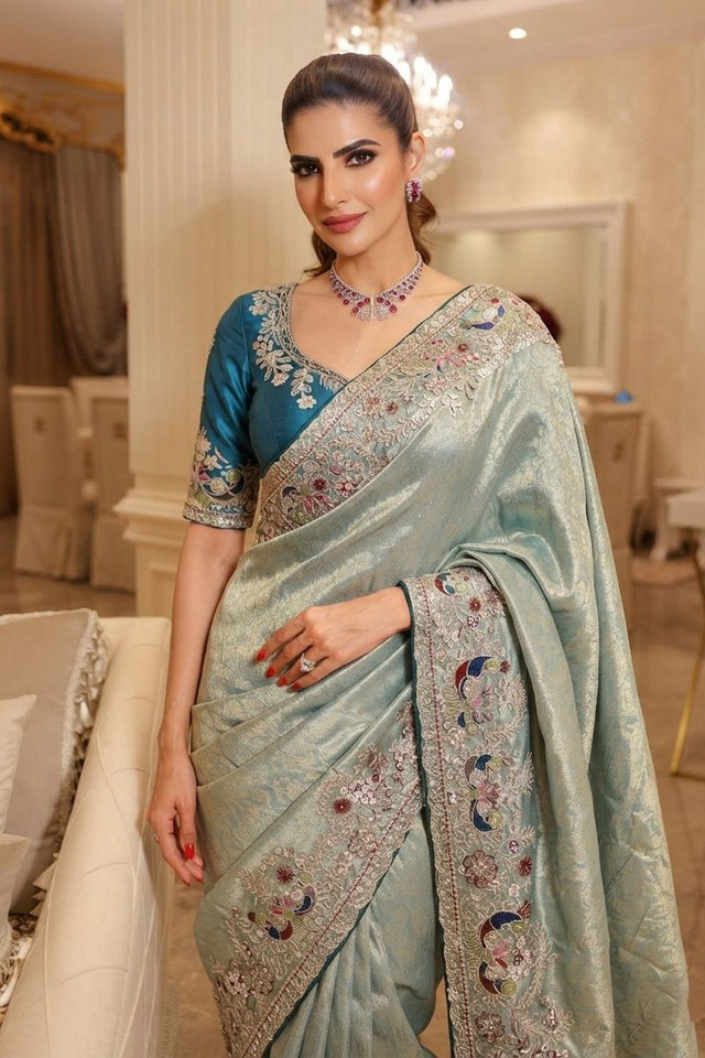 Sea Blue Stone Embossed Border Kanjivaram Silk Saree (VZ-Royal Mor-Aqua)