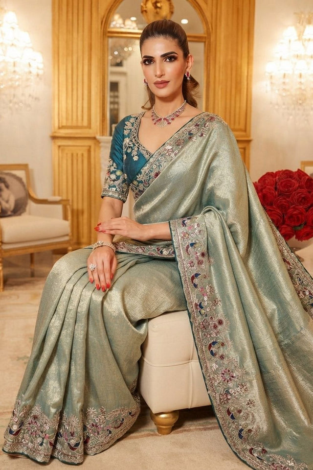 Sea Blue Stone Embossed Border Kanjivaram Silk Saree (VZ-Royal Mor-Aqua)