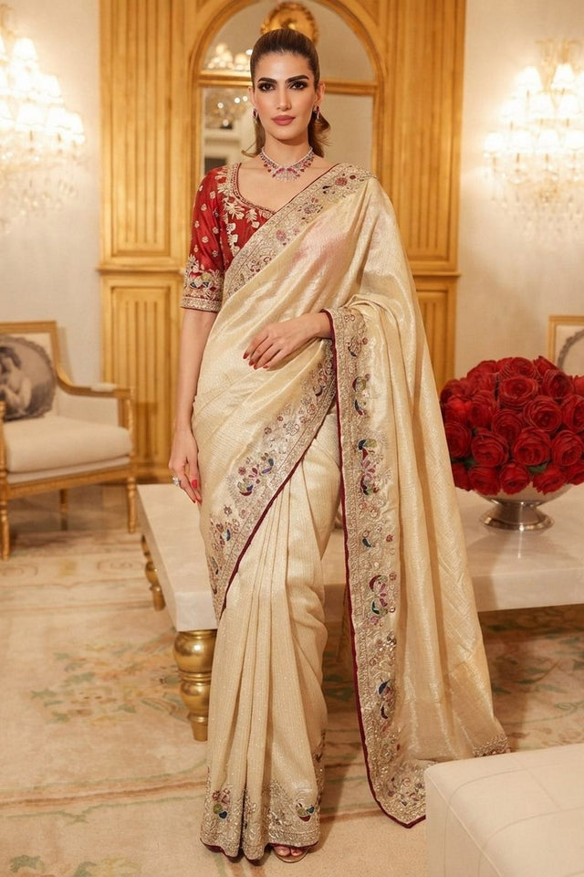 Cream Stone Embossed Border Kanjivaram Silk Saree (VZ-Royal Mor-Cream)