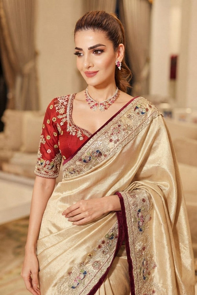 Cream Stone Embossed Border Kanjivaram Silk Saree (VZ-Royal Mor-Cream)