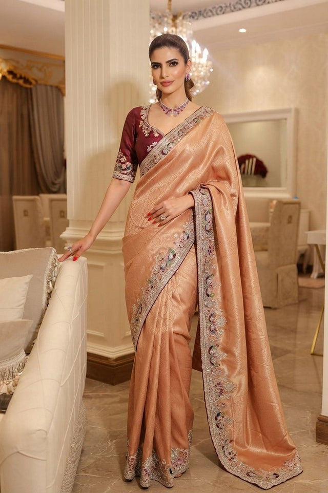 Peach Stone Embossed Border Kanjivaram Silk Saree (VZ-Royal Mor-Peach)