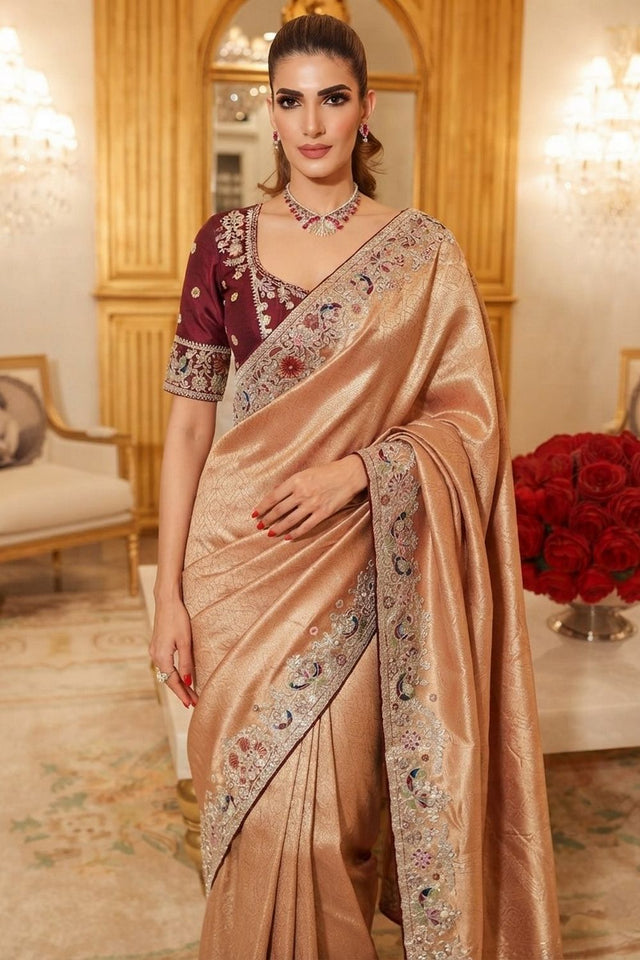 Peach Stone Embossed Border Kanjivaram Silk Saree (VZ-Royal Mor-Peach)