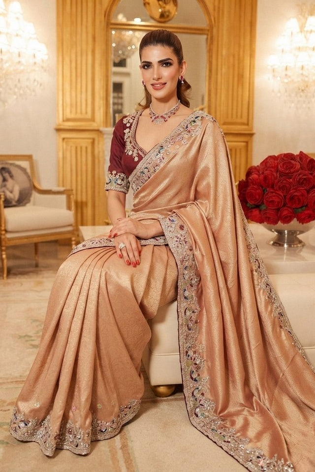 Peach Stone Embossed Border Kanjivaram Silk Saree (VZ-Royal Mor-Peach)