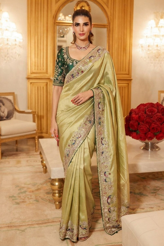 Green Stone Embossed Border Kanjivaram Silk Saree (VZ-Royal Mor-Pista)