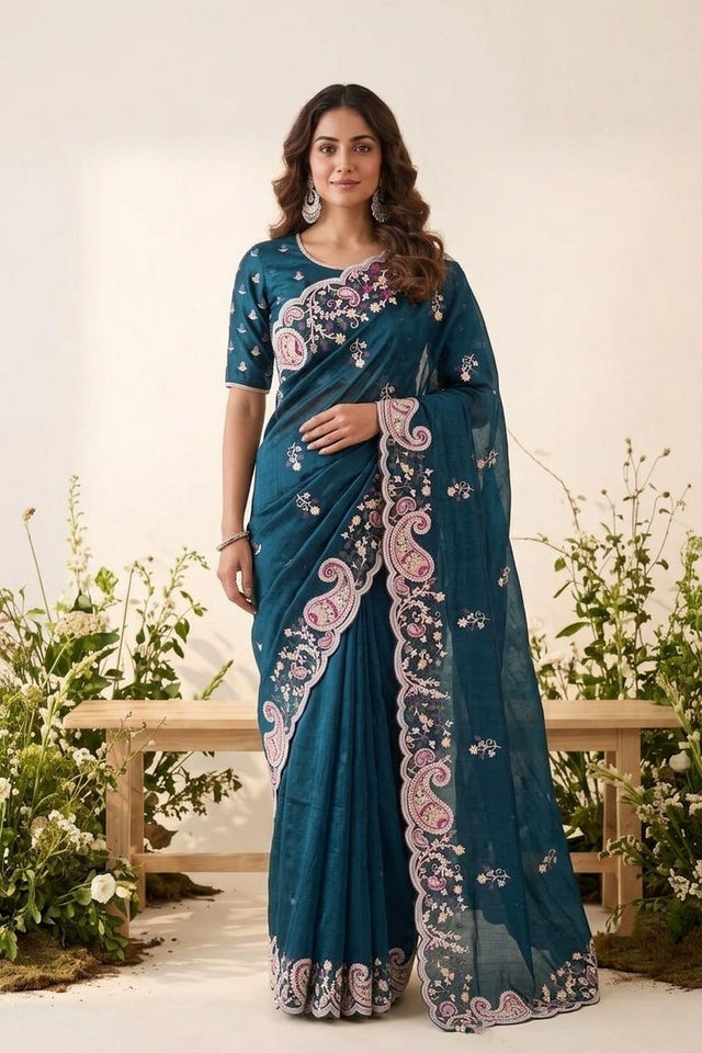Turquoise Floral Embroidered Silk Saree (VZ-Rutva-Teal)