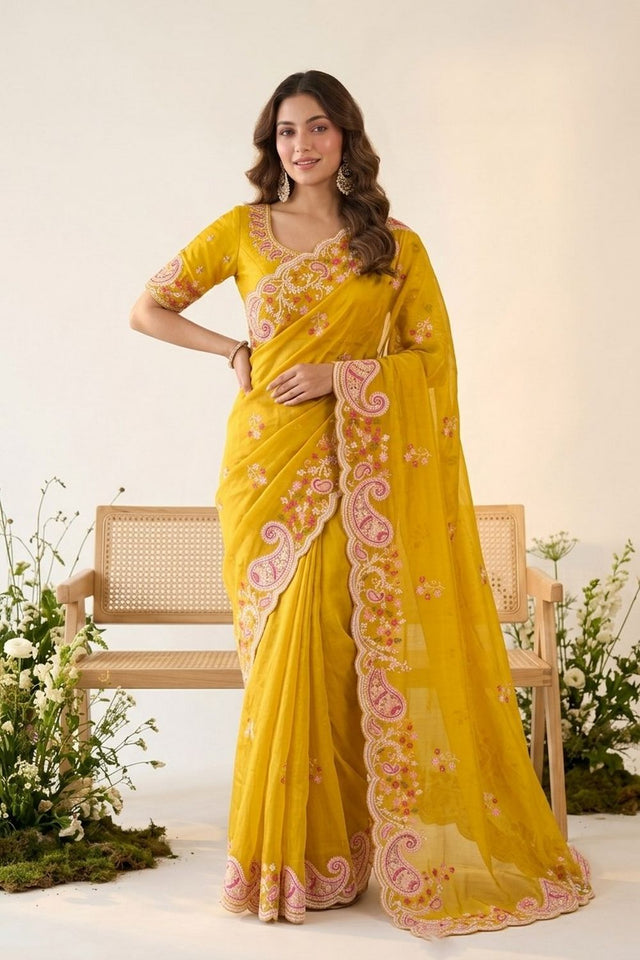 Yellow Floral Embroidered Silk Saree (VZ-Rutva-Yellow)