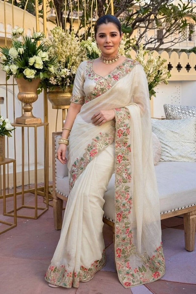 Off White Floral Embroidered Border Satin Silk Saree (VZ-Shivangee-Off White)