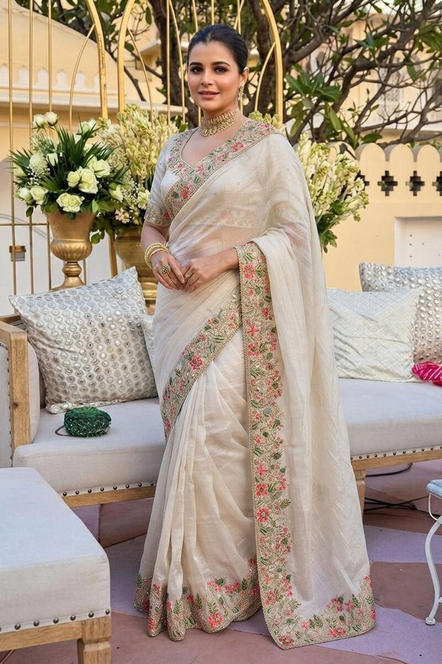 Off White Floral Embroidered Border Satin Silk Saree (VZ-Shivangee-Off White)