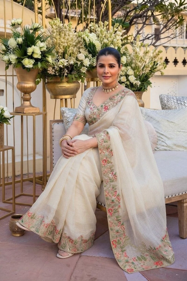Off White Floral Embroidered Border Satin Silk Saree (VZ-Shivangee-Off White)