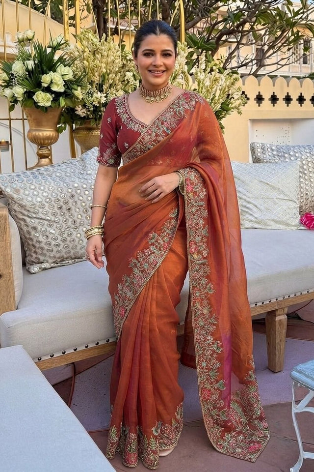 Rust Floral Embroidered Border Satin Silk Saree (VZ-Shivangee-Rust)