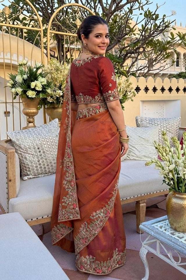 Rust Floral Embroidered Border Satin Silk Saree (VZ-Shivangee-Rust)