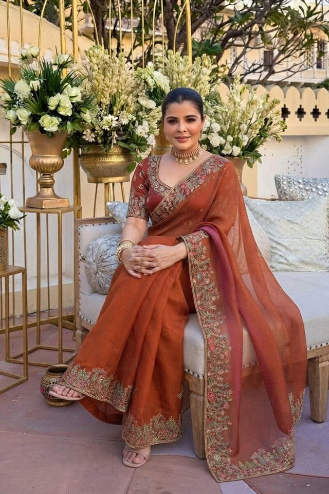 Rust Floral Embroidered Border Satin Silk Saree (VZ-Shivangee-Rust)