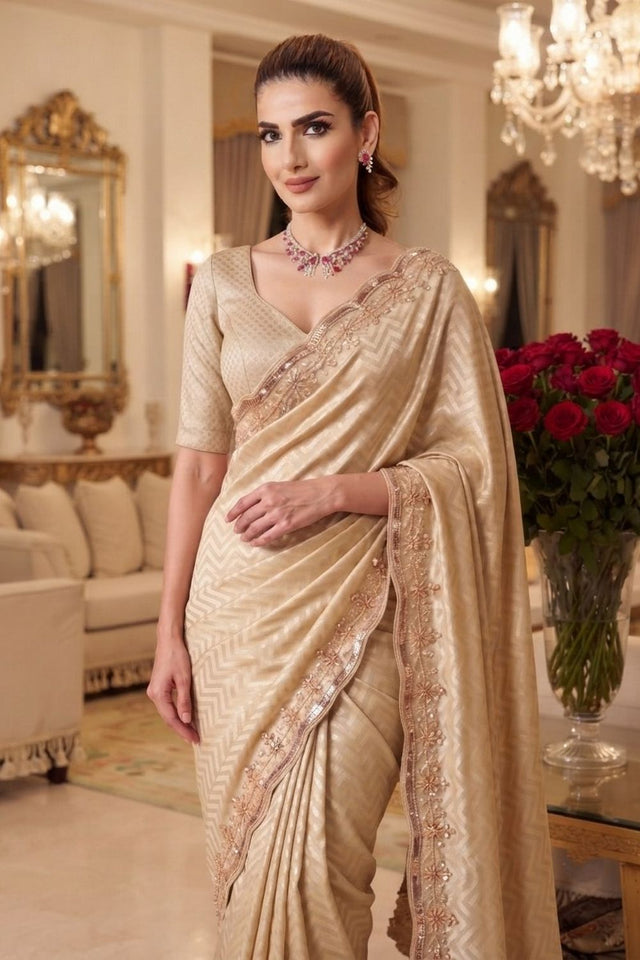 Cream Beads Embroidered Border Kanjivaram Silk Saree (VZ-Spiral-Cream)