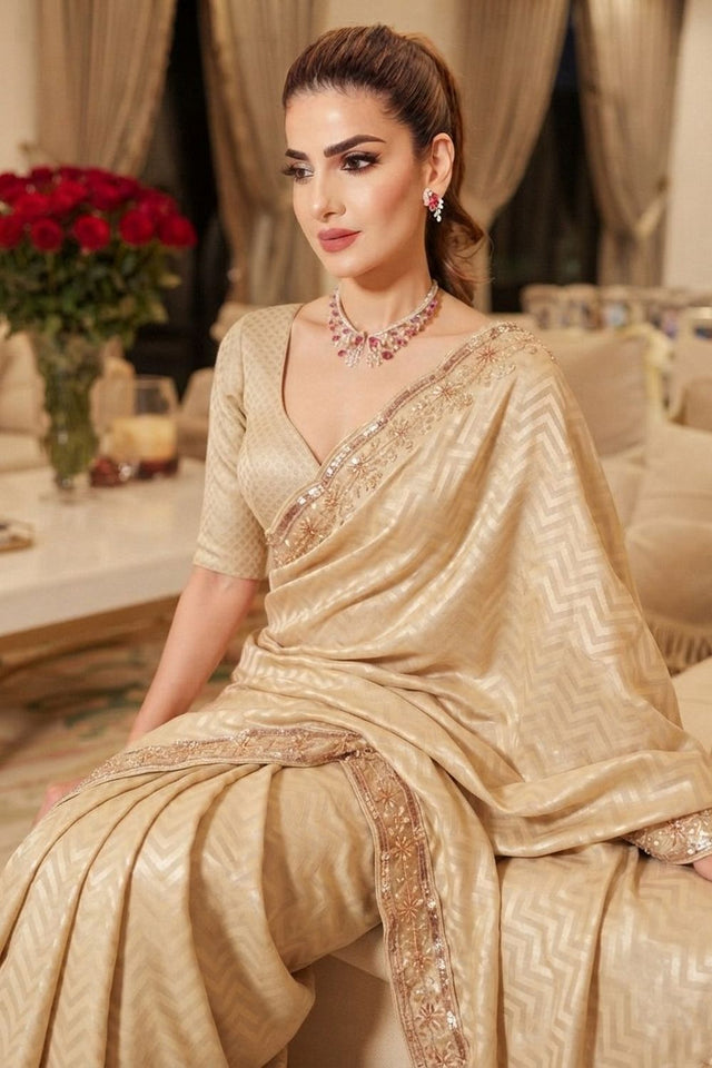 Cream Beads Embroidered Border Kanjivaram Silk Saree (VZ-Spiral-Cream)
