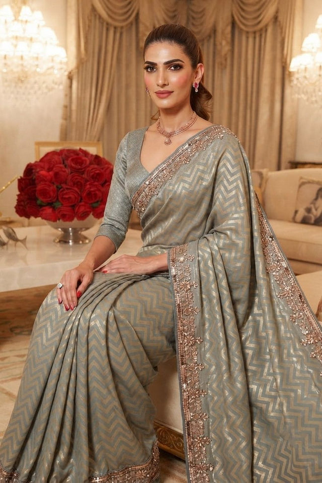 Grey Beads Embroidered Border Kanjivaram Silk Saree (VZ-Spiral-Grey)