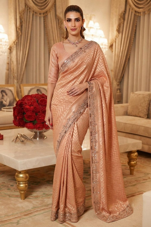 Peach Beads Embroidered Border Kanjivaram Silk Saree (VZ-Spiral-Peach)
