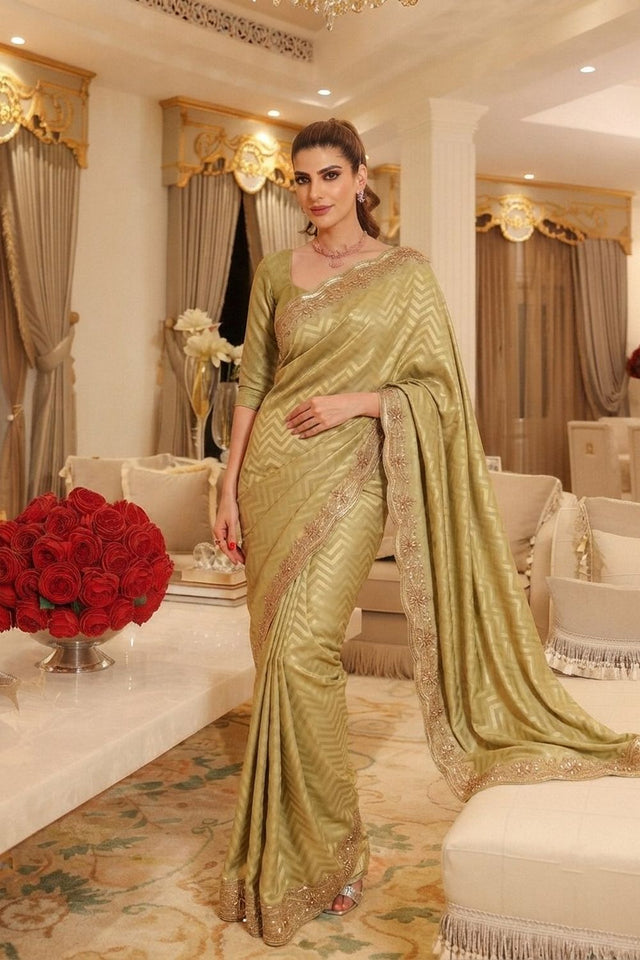 Green Beads Embroidered Border Kanjivaram Silk Saree (VZ-Spiral-Pista)