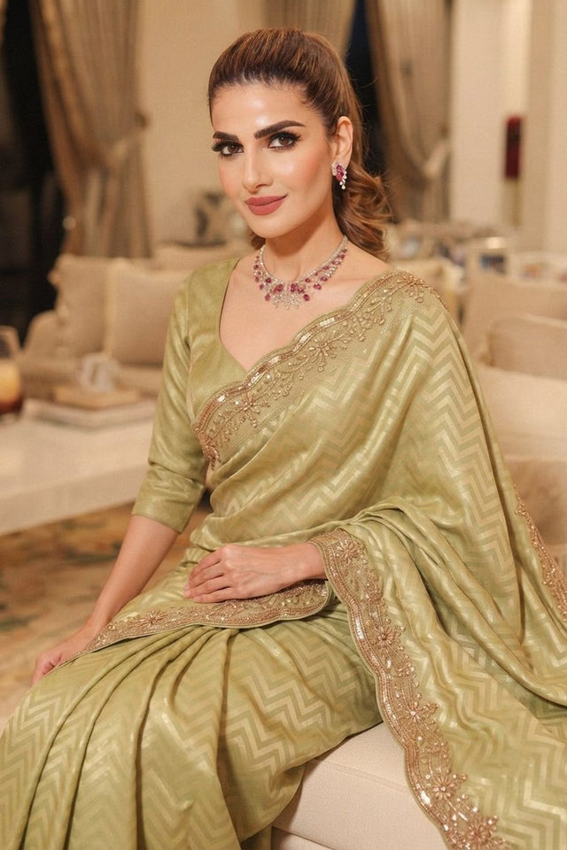 Green Beads Embroidered Border Kanjivaram Silk Saree (VZ-Spiral-Pista)