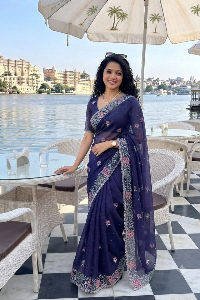 Blue Floral Embroidered Chiffon Saree (VZ-Starbucks3-Blue)