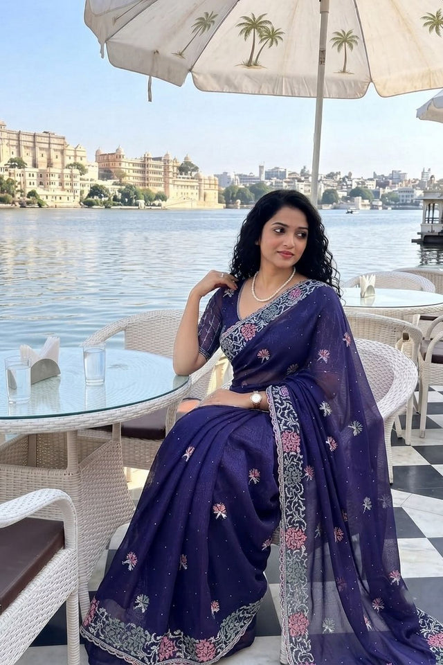 Blue Floral Embroidered Chiffon Saree (VZ-Starbucks3-Blue)