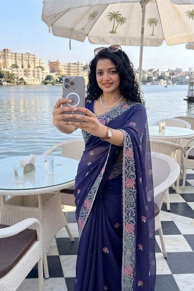 Blue Floral Embroidered Chiffon Saree (VZ-Starbucks3-Blue)