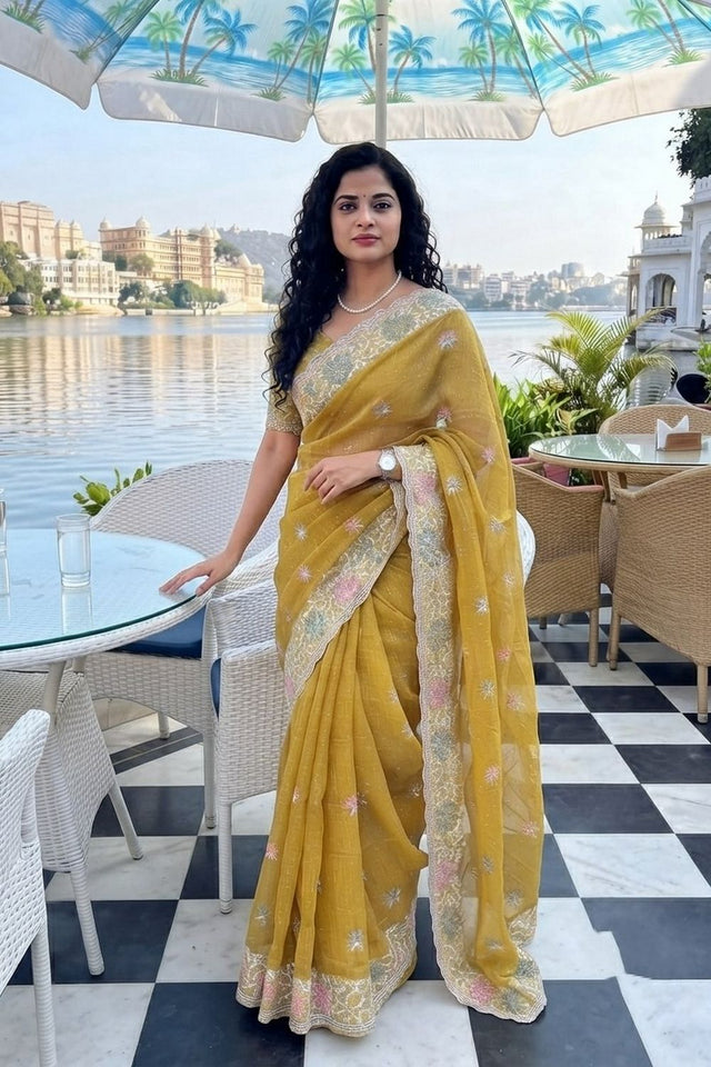 Mustard Floral Embroidered Chiffon Saree (VZ-Starbucks3-Mustard)
