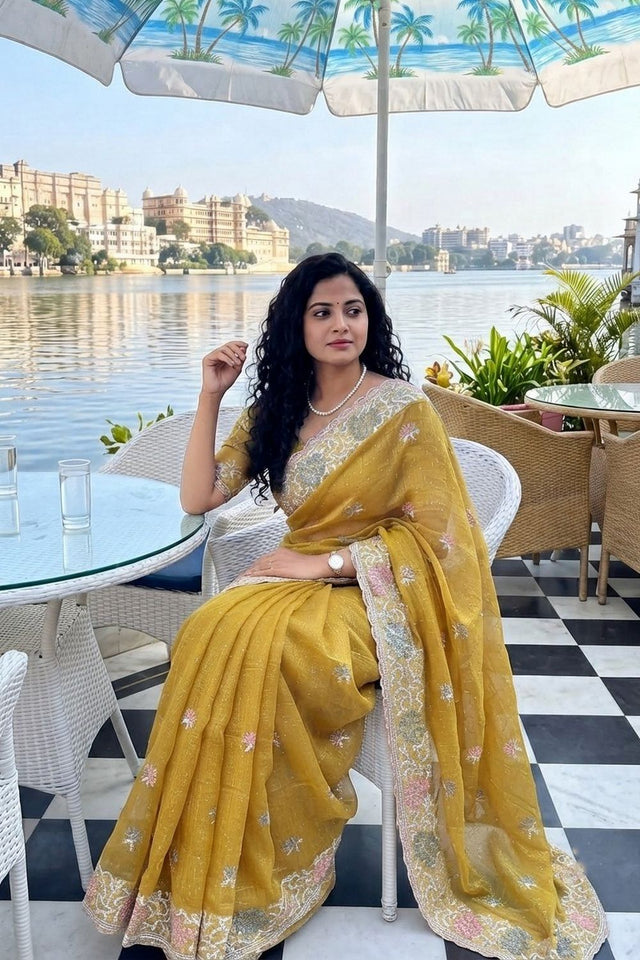 Mustard Floral Embroidered Chiffon Saree (VZ-Starbucks3-Mustard)