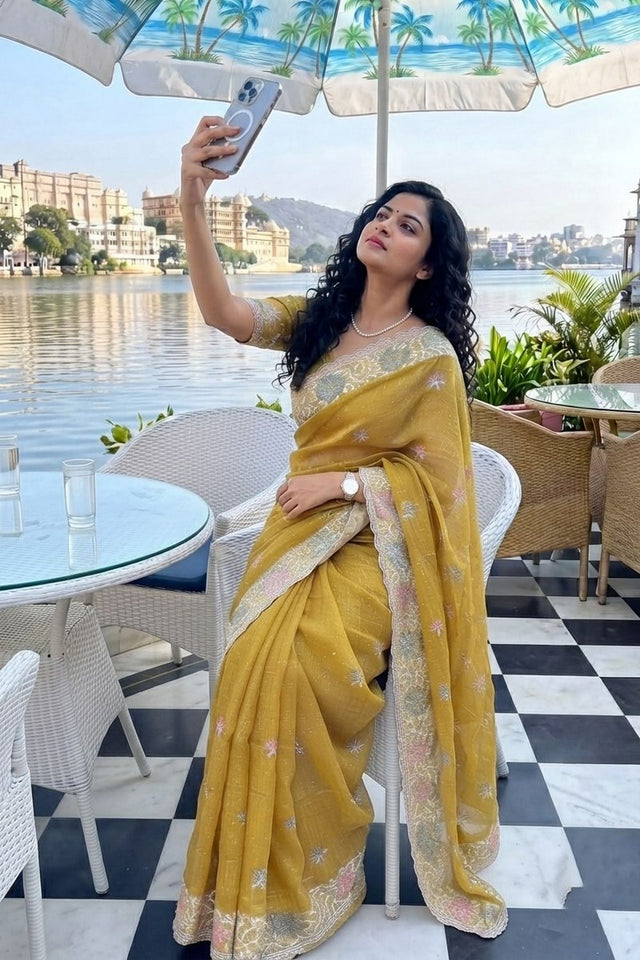 Mustard Floral Embroidered Chiffon Saree (VZ-Starbucks3-Mustard)