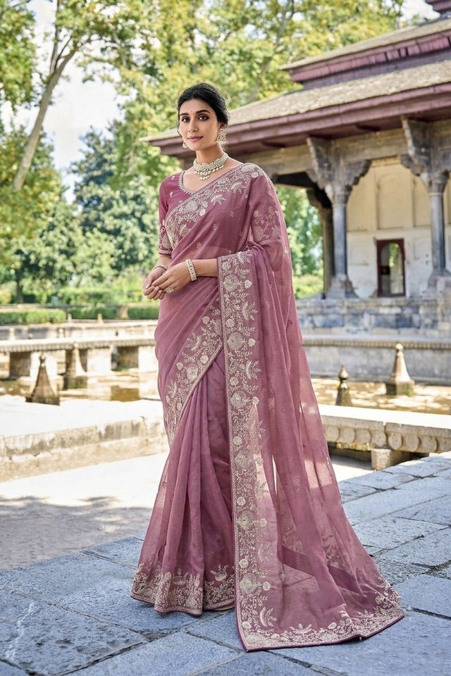 Mauve Floral Embroidered Silk Saree (VZ-Toxic)