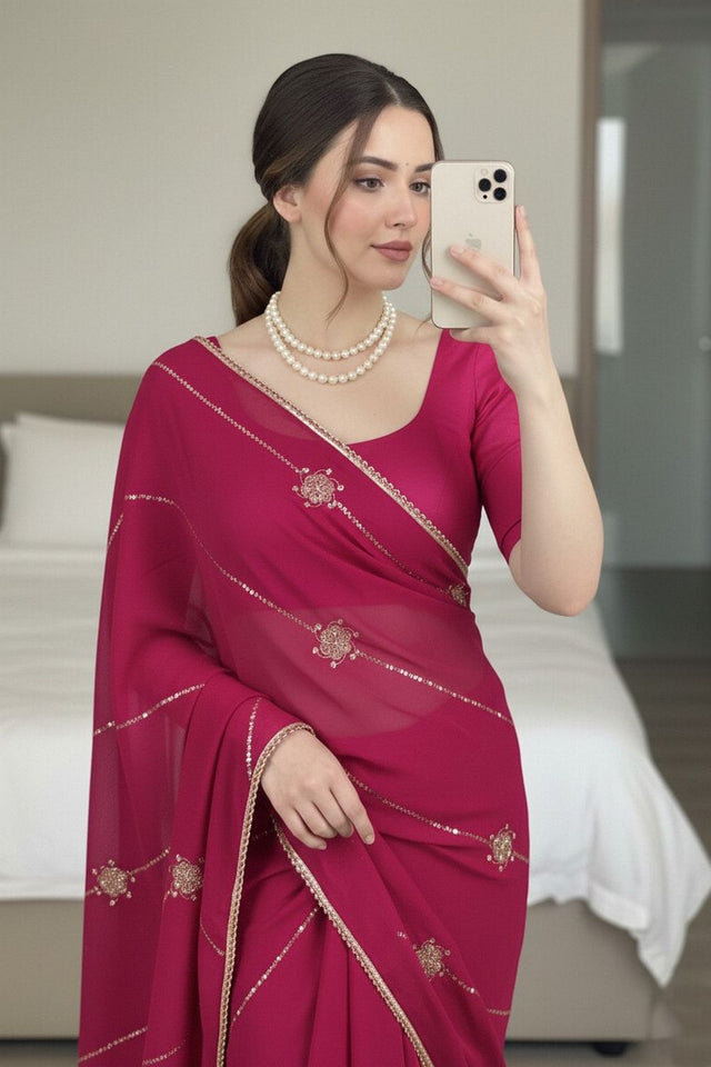 Pink Beads Embroidered Border Silk Saree (VZ-Yaaraa-Pink)