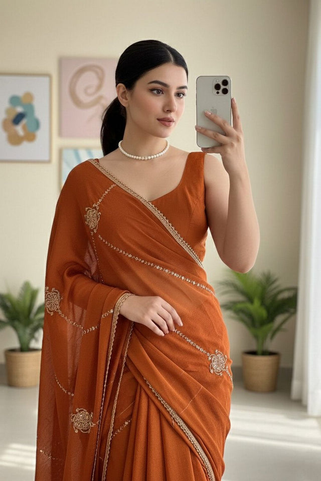 Rust Beads Embroidered Border Silk Saree (VZ-Yaaraa-Rust)