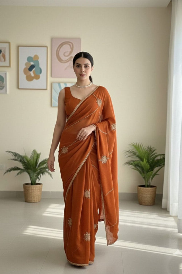 Rust Beads Embroidered Border Silk Saree (VZ-Yaaraa-Rust)