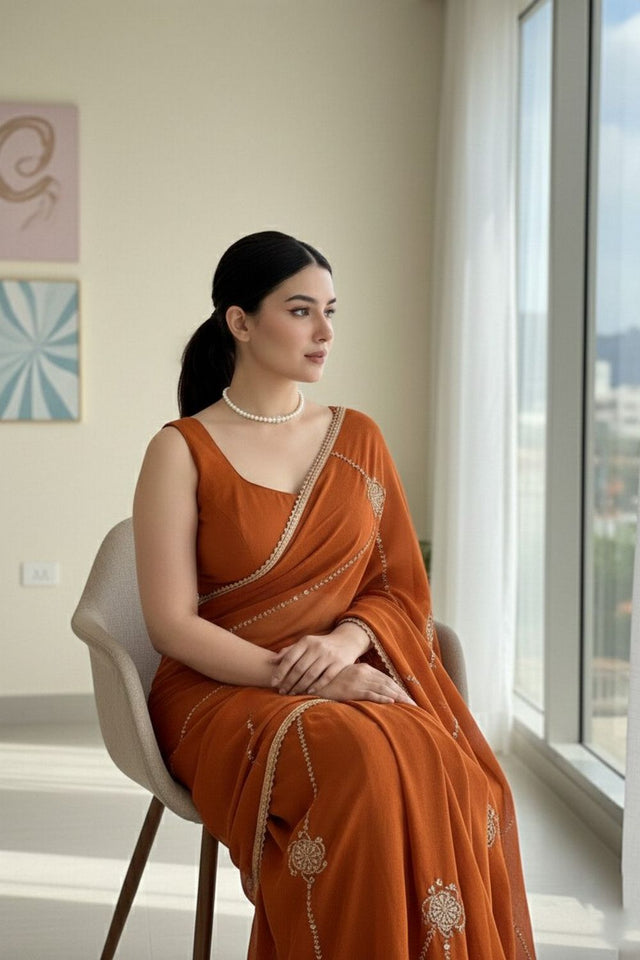 Rust Beads Embroidered Border Silk Saree (VZ-Yaaraa-Rust)