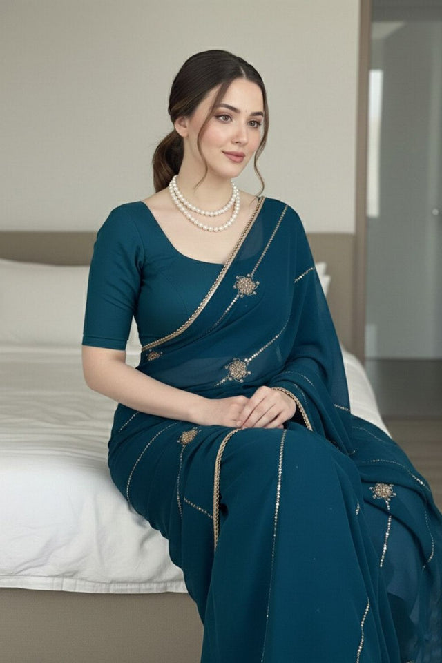 Turquoise Beads Embroidered Border Silk Saree (VZ-Yaaraa-Teal)