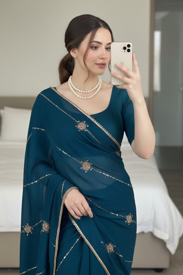 Turquoise Beads Embroidered Border Silk Saree (VZ-Yaaraa-Teal)