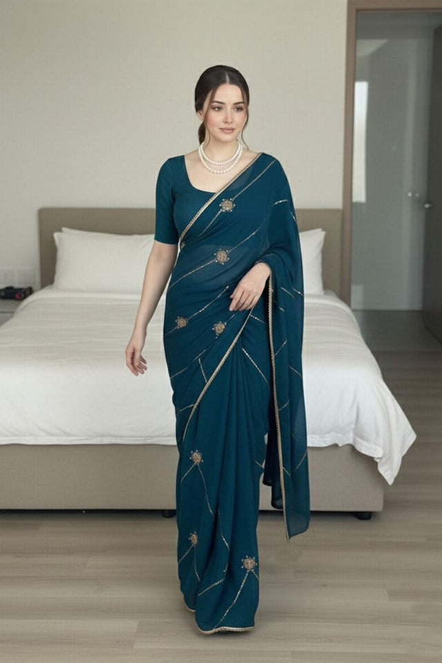 Turquoise Beads Embroidered Border Silk Saree (VZ-Yaaraa-Teal)