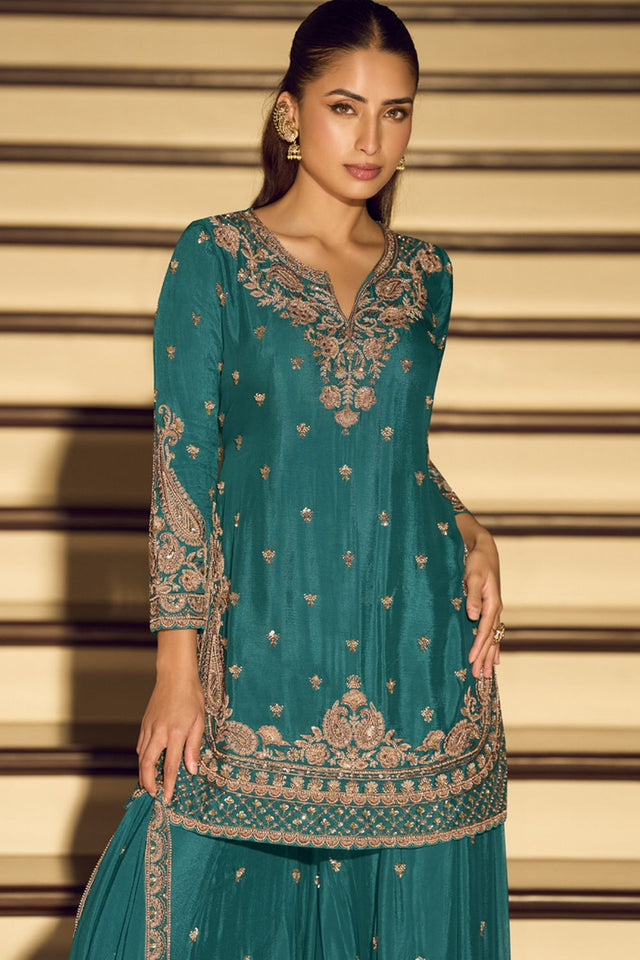 Turquoise Embroidered Art Silk Palazzo Suit (Vega Sayuri Kanchan - 10200)