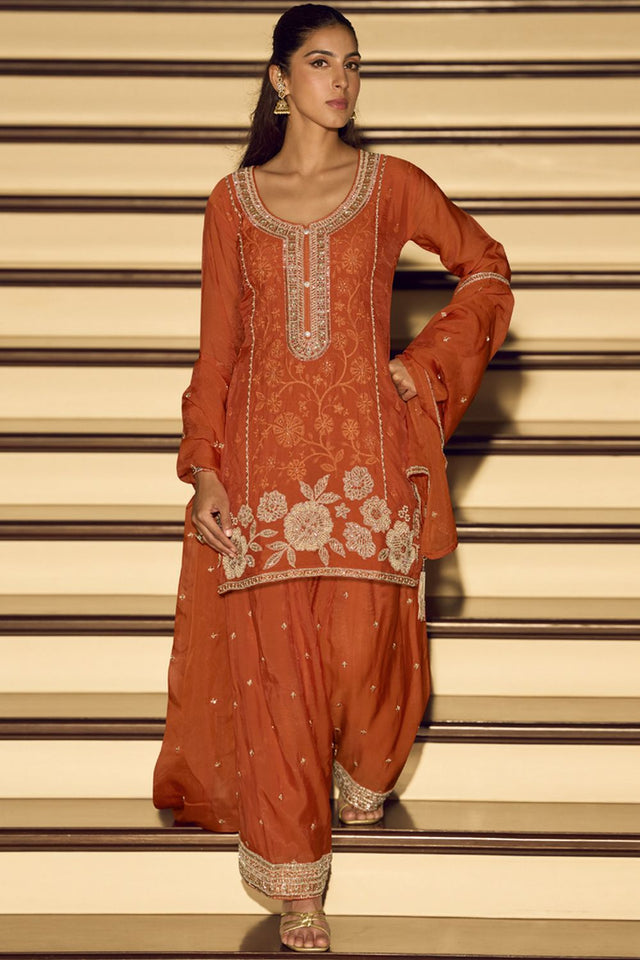 Orange Embroidered Art Silk Palazzo Suit (Vega Sayuri Kanchan - 10201)