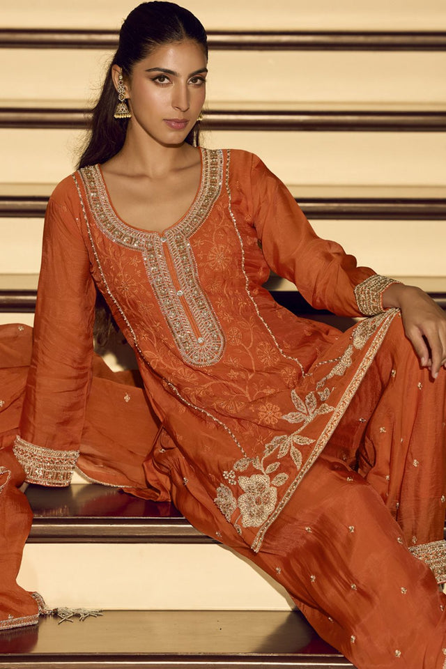 Orange Embroidered Art Silk Palazzo Suit (Vega Sayuri Kanchan - 10201)