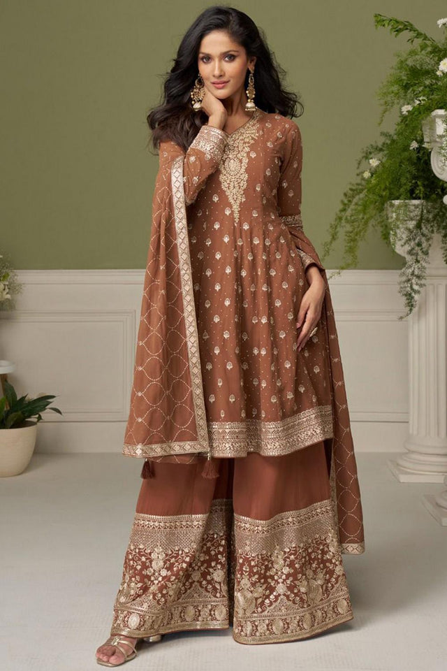 Brown Floral Embroidered Georgette Palazzo Suit (Vega Gulkayra Glamour - 7558)