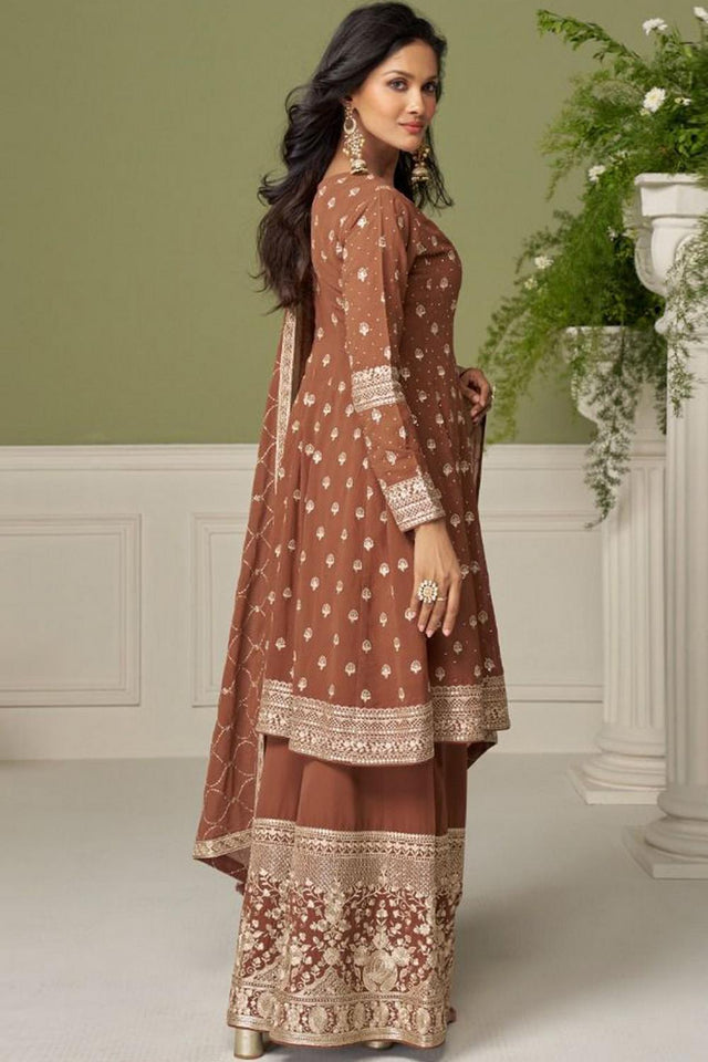 Brown Floral Embroidered Georgette Palazzo Suit (Vega Gulkayra Glamour - 7558)