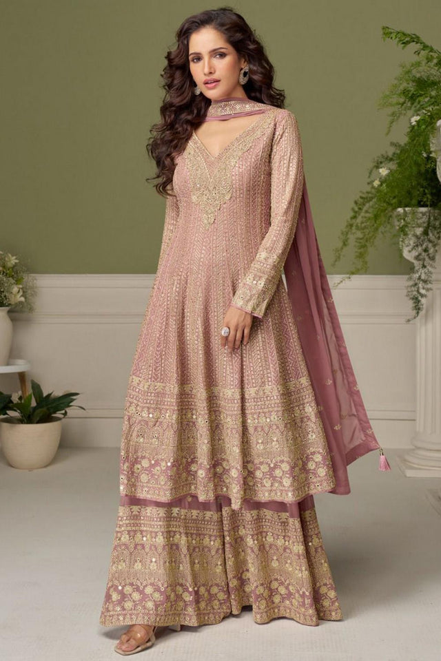 Pink Floral Embroidered Georgette Palazzo Suit (Vega Gulkayra Glamour - 7559)