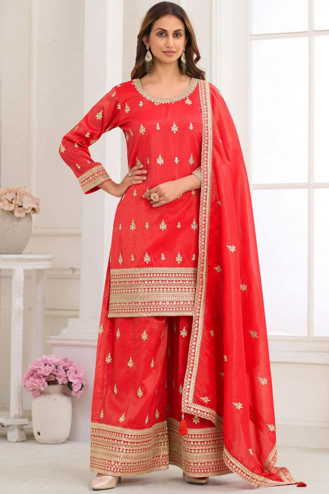 Red Floral Embroidered Art Silk Palazzo Suit (Vega Gulkayra Niru - 7546-A)