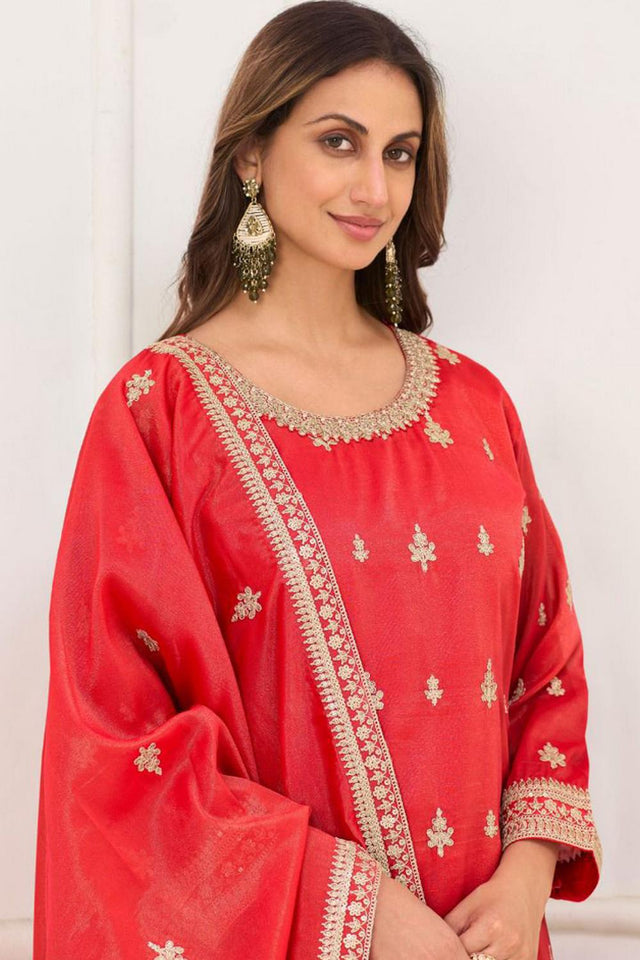 Red Floral Embroidered Art Silk Palazzo Suit (Vega Gulkayra Niru - 7546-A)