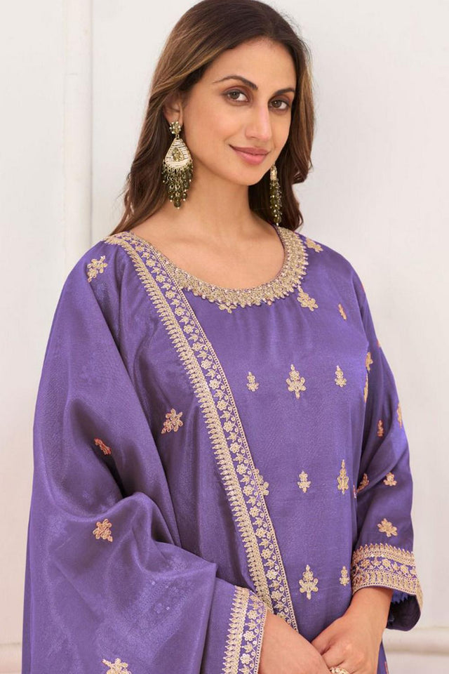 Violet Floral Embroidered Art Silk Palazzo Suit (Vega Gulkayra Niru - 7546-E)