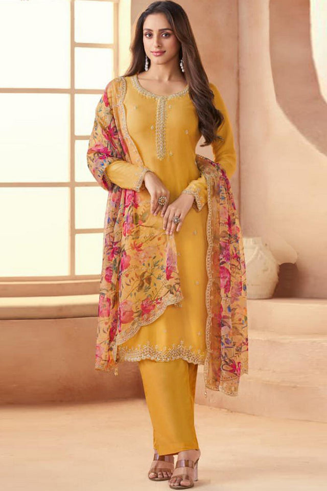 Yellow Floral Embroidered Art Silk Straight Cut Suit (Vega Vinay Anmol - 77191)