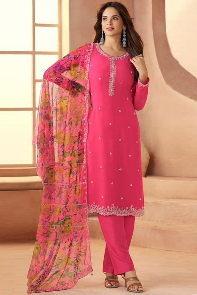 Pink Floral Embroidered Art Silk Straight Cut Suit (Vega Vinay Anmol - 77192)