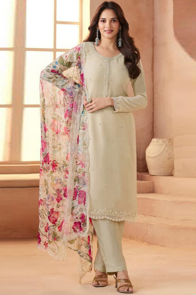 Cream Floral Embroidered Art Silk Straight Cut Suit (Vega Vinay Anmol - 77194)