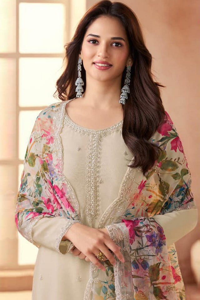 Cream Floral Embroidered Art Silk Straight Cut Suit (Vega Vinay Anmol - 77194)