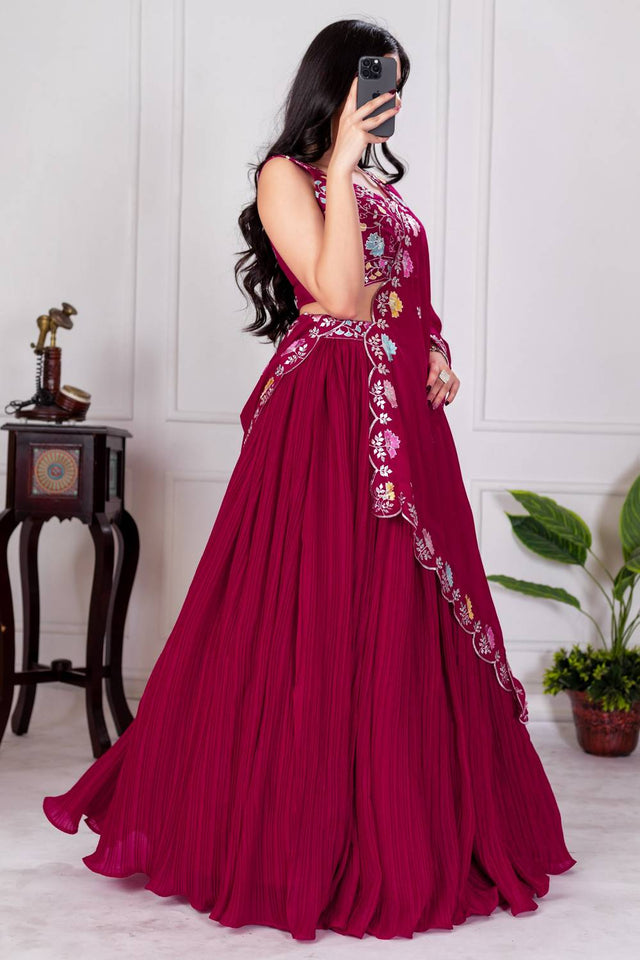 Red Solid Georgette Lehenga